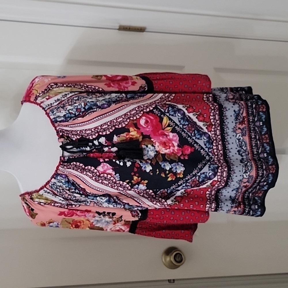 Bila Size S Tie Neckline Boho / Handkerchief Print Bell Sleeve Top, EUC